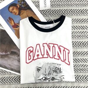Ganni White Short Sleeve Tee with Black Neckline and Red Logo